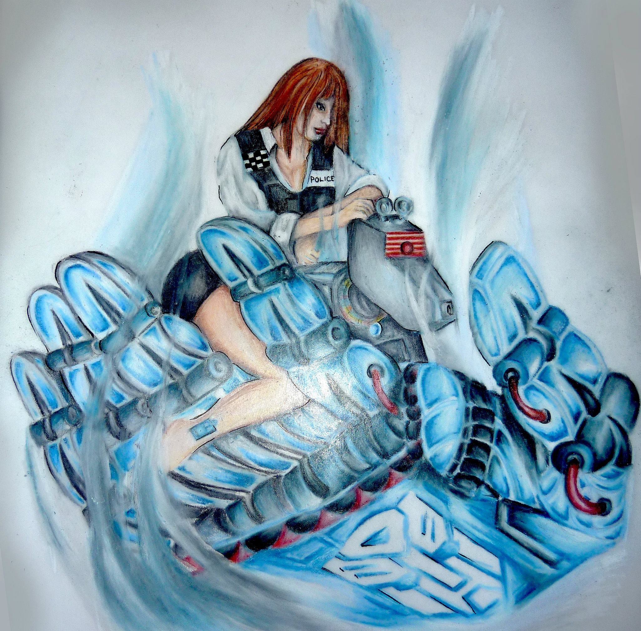 Police officer with red hair surrounded by blue swirls